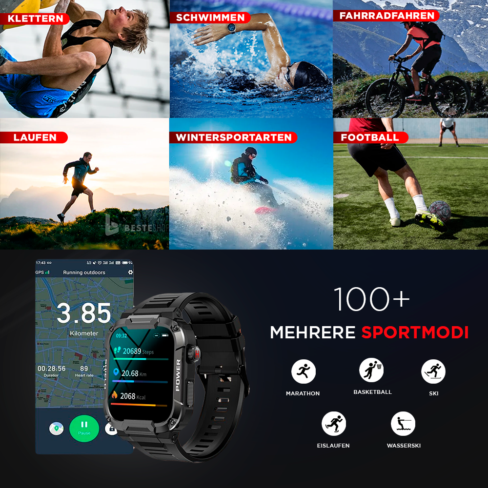 Robuste Militär-Smartwatch für Herren für Xiaomi Android/ IOS ,Fitness-Uhren, IP68, wasserdicht, 1,85 Zoll Bluetooth-Anruf