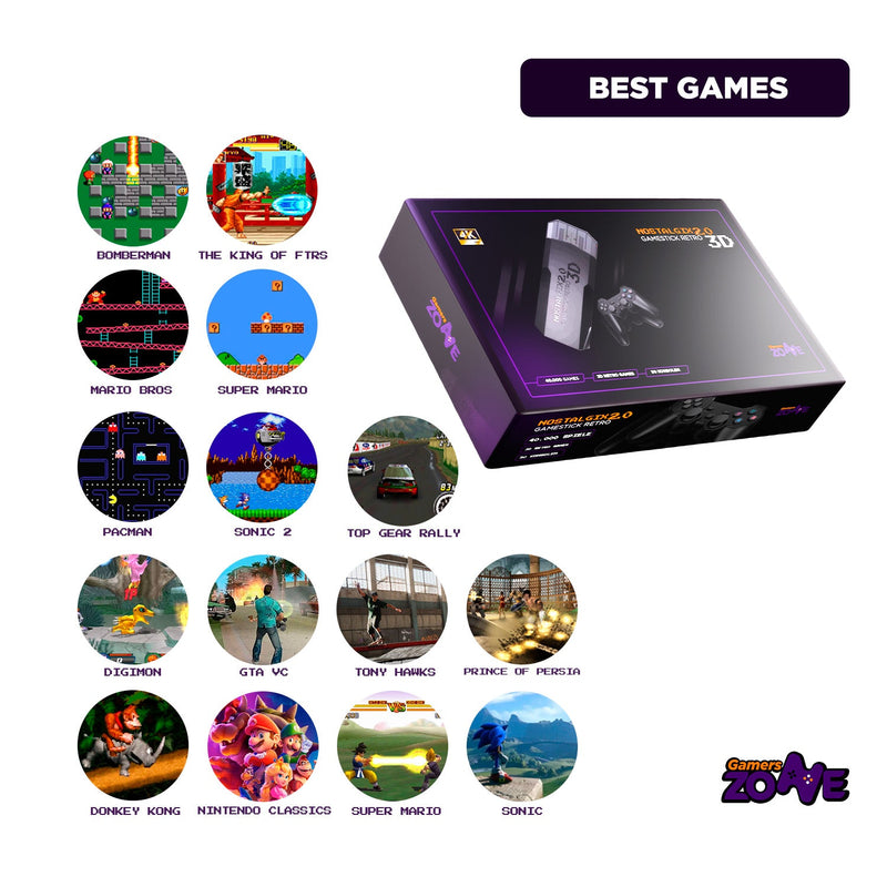 Nostalgix Gamestick Retro 2.0 4K - 50 Konsolen, 40000+ Spiele - Plus 2 kostenlose drahtlose Controller